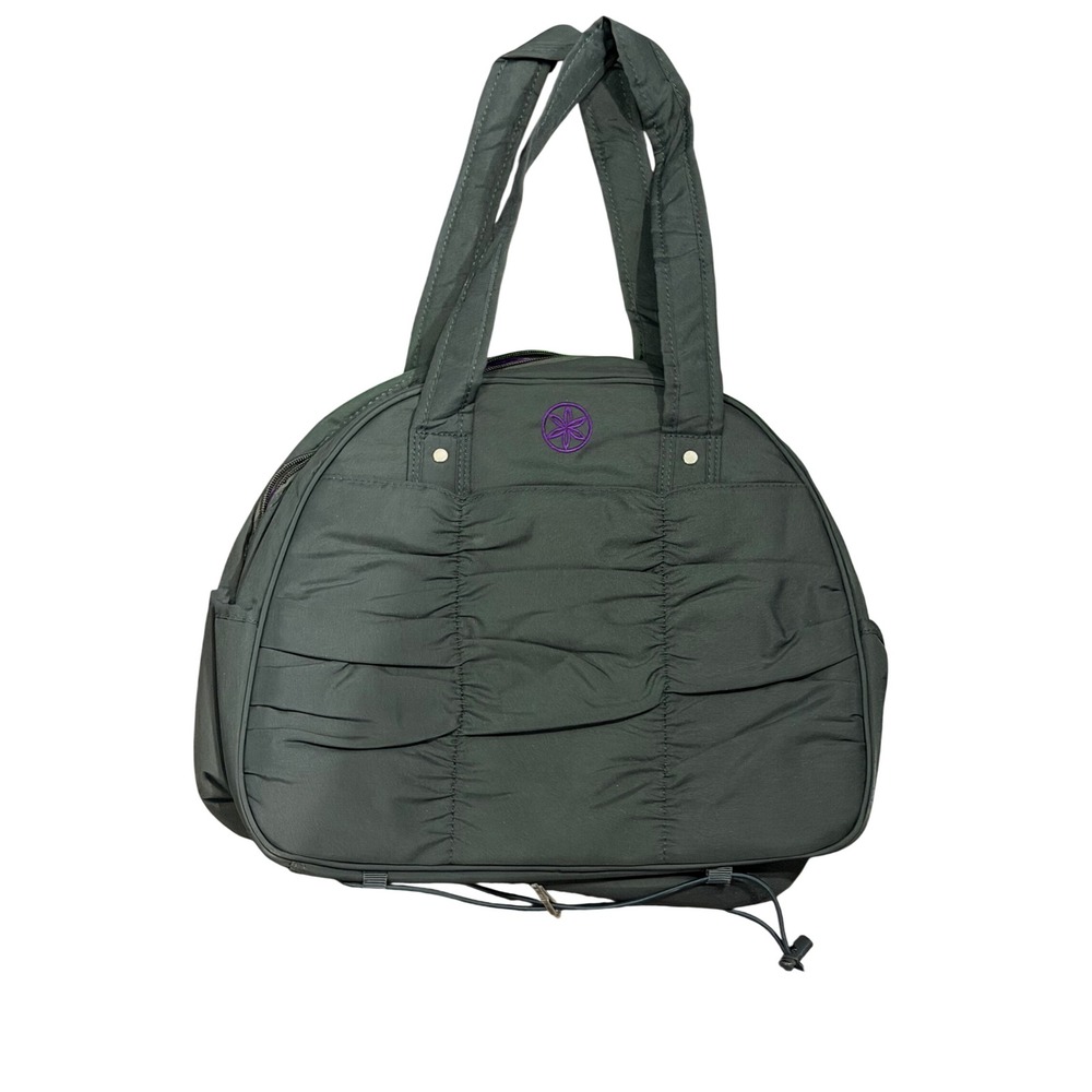 Gaiam Yoga Mat Tote Bag Green Ruched Nylon Gym Shoulder Bag Purple Lining